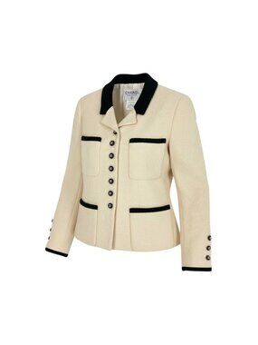 Chanel Vintage Tweed Jacket Terra Bicolor CC Logo Button 42 Ivory Black